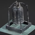 Ancient Bronze Musical Bell Stand with Intricate Patterns and Art Supplies on Green Mat