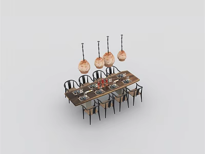 Modern Dining Table Set With Six Chairs And Four Pendant Lights 3d model