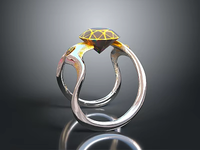 Modern Silver Ring Featuring Two Intertwined Bands And Yellow Decorative Top 3d model
