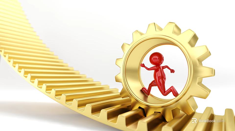 Dynamic Red Game Film Character Running Through Golden Gear Mechanism In Fantasy World 3d model 