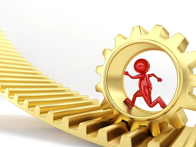 Dynamic Red Game Film Character Running Through Golden Gear Mechanism In Fantasy World 3d model