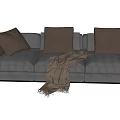 Gray Upholstered Three Seater Sofa With Brown Cushions And Throw Blanket 3d model