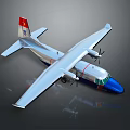 Red and Blue Twin Propeller Aircraft with Long Wings and Fuselage Design