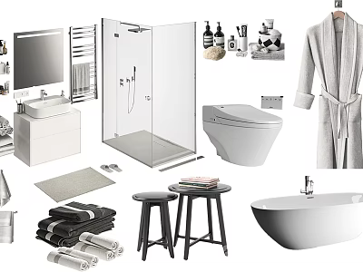 Modern Bathroom Set Design With Shower Enclosure Toilet Sink Bathtub Towels And Bathrobe 3d model