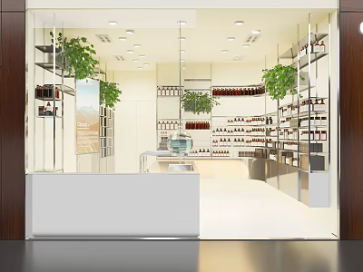 Modern Beauty Salon Interior With Product Shelves Green Plants And Reception Counter 3d model