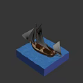 Classic Wooden Boat With White Sails And Masts Floating On Blue Water