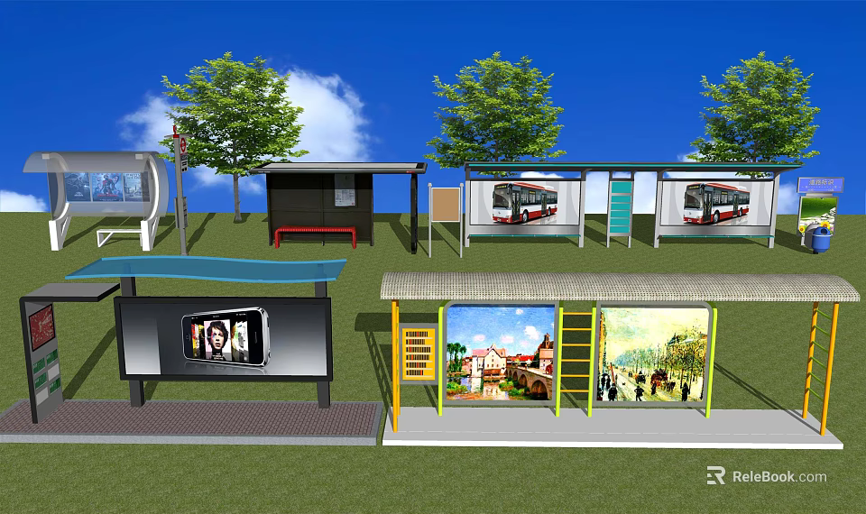 Modern Bus Stop Designs With Shelters Billboards Trees And Green Grass 3d model 