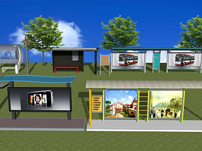 Modern Bus Stop Designs With Shelters Billboards Trees And Green Grass 3d model