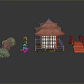 Traditional Japanese Garden With Red Pavilion Stone Lantern And Small Bridge