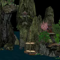 Rockery Stones Garden Landscape With Waterfall Traditional Pavilion Pink Flowering Trees And Small Boat