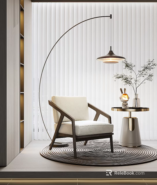 Beige Single Seater Sofa With Wooden Armrest Side Table Plant Hanging Lamp Vertical Striped Wall 3d model 