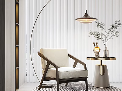 Beige Single Seater Sofa With Wooden Armrest Side Table Plant Hanging Lamp Vertical Striped Wall 3d model