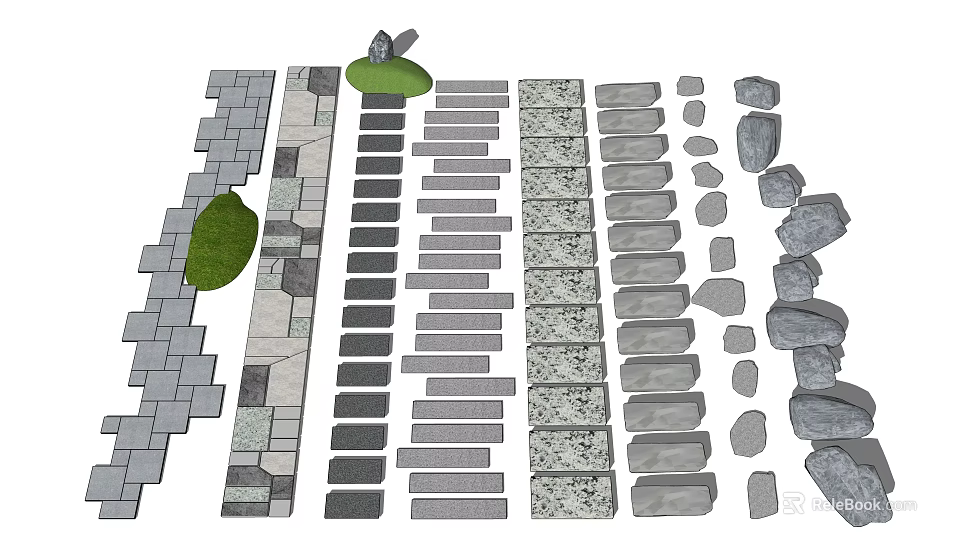 Road Facilities With Various Paving Materials Slabs Bricks And Green Elements 3d model