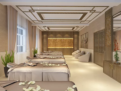 Luxurious SPA Sauna Interior With Massage Beds Flower Petals And Decorative Wall 3d model