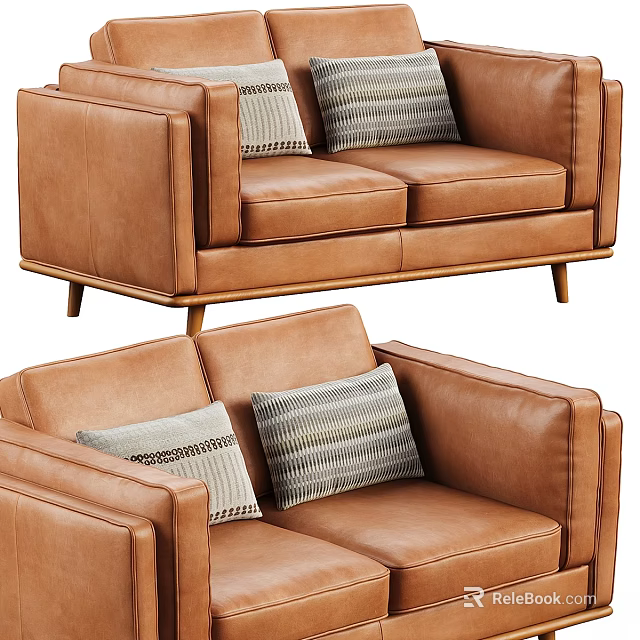 Modern Brown Leather Two Seater Sofa With Striped Accent Pillows 3d model