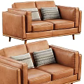 Modern Brown Leather Two Seater Sofa With Striped Accent Pillows 3d model