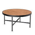 Round Coffee Table With Brown Wooden Top And Black Metal Cross Legs