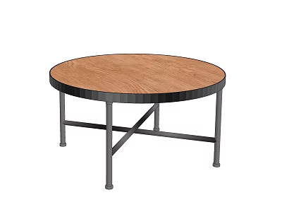 Round Coffee Table With Brown Wooden Top And Black Metal Cross Legs 3d model
