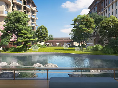 Residential Landscape With Modern Apartment Buildings Green Trees Pond Rocks And Lawn 3d model