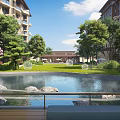 Residential Landscape With Modern Apartment Buildings Green Trees Pond Rocks And Lawn