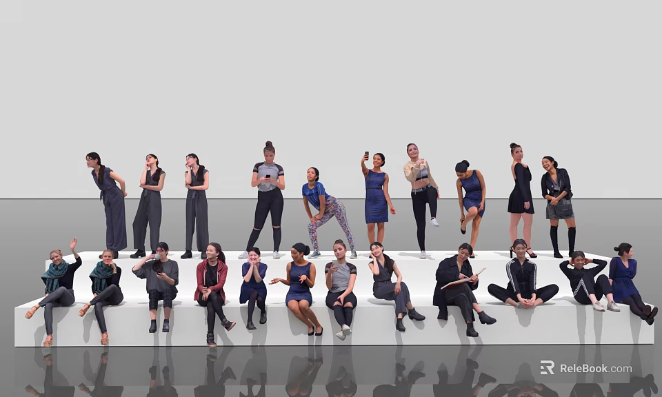 Diverse Group of People in Various Poses Standing and Sitting on White Platform 3d model 