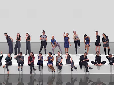 Diverse Group of People in Various Poses Standing and Sitting on White Platform 3d model