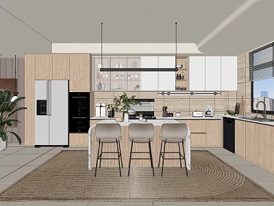 Modern Kitchen Design With Wooden White Cabinets Island Bar Stools And Pendant Lights 3d model