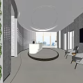 Hotel Lobby With Green Wall Circular Reception Desk Large Windows City View And Comfortable Sofa Chairs