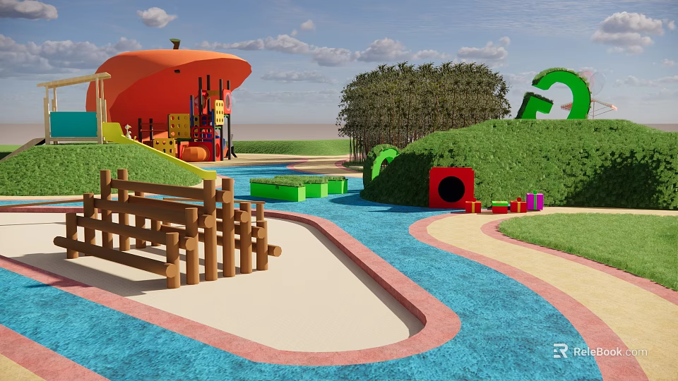 Park Landscape with Children's Play Area Orange Canopy Slide Green Lawn and Blue Ground 3d model 