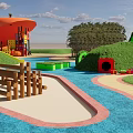 Park Landscape with Children's Play Area Orange Canopy Slide Green Lawn and Blue Ground
