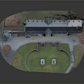 Cartoon Castle Scene Featuring Blue Roof Multi Story Building Green Lawn Pathway And Statues