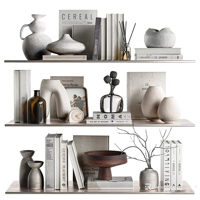 Modern Minimalist Decorative Ornament Set With Books Vases Photo Frame And Sculptures 3d model 