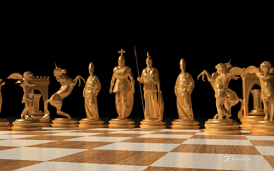 Golden Chess Pieces Arranged On Wooden Chessboard With Black And White Squares For Entertainment 3d model 