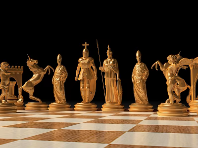 Golden Chess Pieces Arranged On Wooden Chessboard With Black And White Squares For Entertainment 3d model