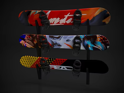 Three Colorful Snowboards With Vibrant Graphics Mounted On Black Rack For Sports Fitness 3d model