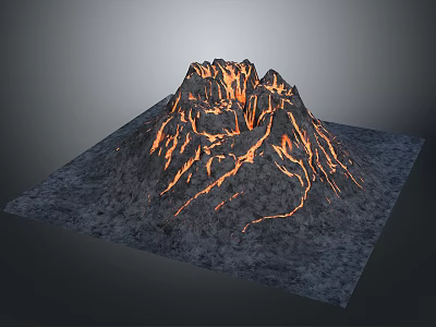 Volcanic Landscape With Erupting Mountain And Fiery Lava Flows On Gray Ground 3d model