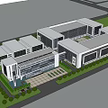 Modern Industrial Factory Building With Steel Glass Structure Landscaped Trees And Open Square Area