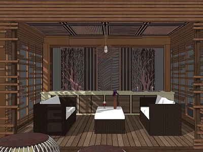 Cozy Wooden Pergola Seating Area With Sofas Coffee Table Hanging Lamp And Tree Pattern Backdrop 3d model