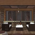 Cozy Wooden Pergola Seating Area With Sofas Coffee Table Hanging Lamp And Tree Pattern Backdrop