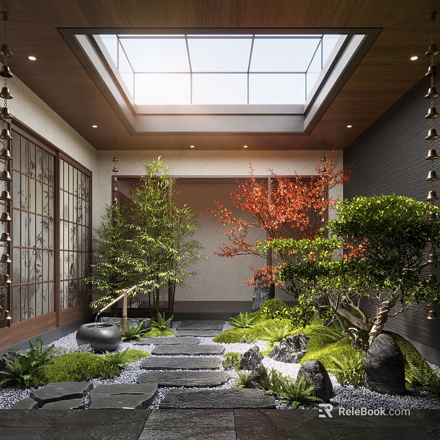 Lush Courtyard Garden With Stone Stepping Path Red Maple Tree Bamboo And Lush Greenery 3d model 