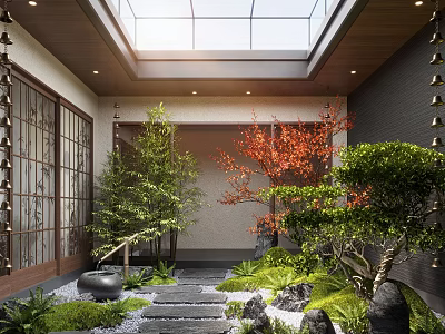 Lush Courtyard Garden With Stone Stepping Path Red Maple Tree Bamboo And Lush Greenery 3d model
