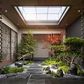 Lush Courtyard Garden With Stone Stepping Path Red Maple Tree Bamboo And Lush Greenery