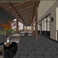 Restaurant Outdoor Dining Area With Wooden Pergola Tables Chairs Green Plants And Autumn Trees