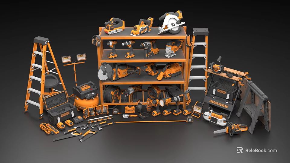 Diverse Industrial Equipment Tools Collection With Drills Saws Ladders Toolboxes And Storage Shelves 3d model 