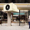 Modern Dessert Shop Exterior With Glass Facade Signboard Warm Lighting And Interior Seating