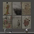 Japanese Traditional Figure Paintings with Ukiyo e Style Attire and Diverse Landscape Scenes