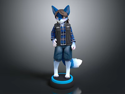 Blue Eared Anthropomorphic Fox In Plaid Shirt Vest Denim Shorts Standing On Black Base 3d model