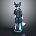 Blue Eared Anthropomorphic Fox In Plaid Shirt Vest Denim Shorts Standing On Black Base
