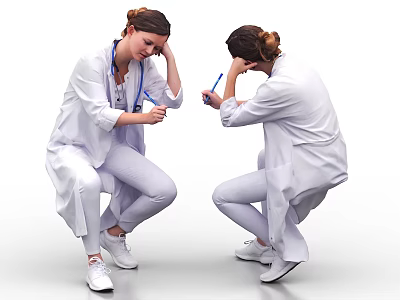 Women Doctors In White Coats Squatting Working With Stethoscope And Pen 3d model
