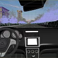 Car Interior With Steering Wheel Dashboard Navigation Screen And Road View Through Windshield